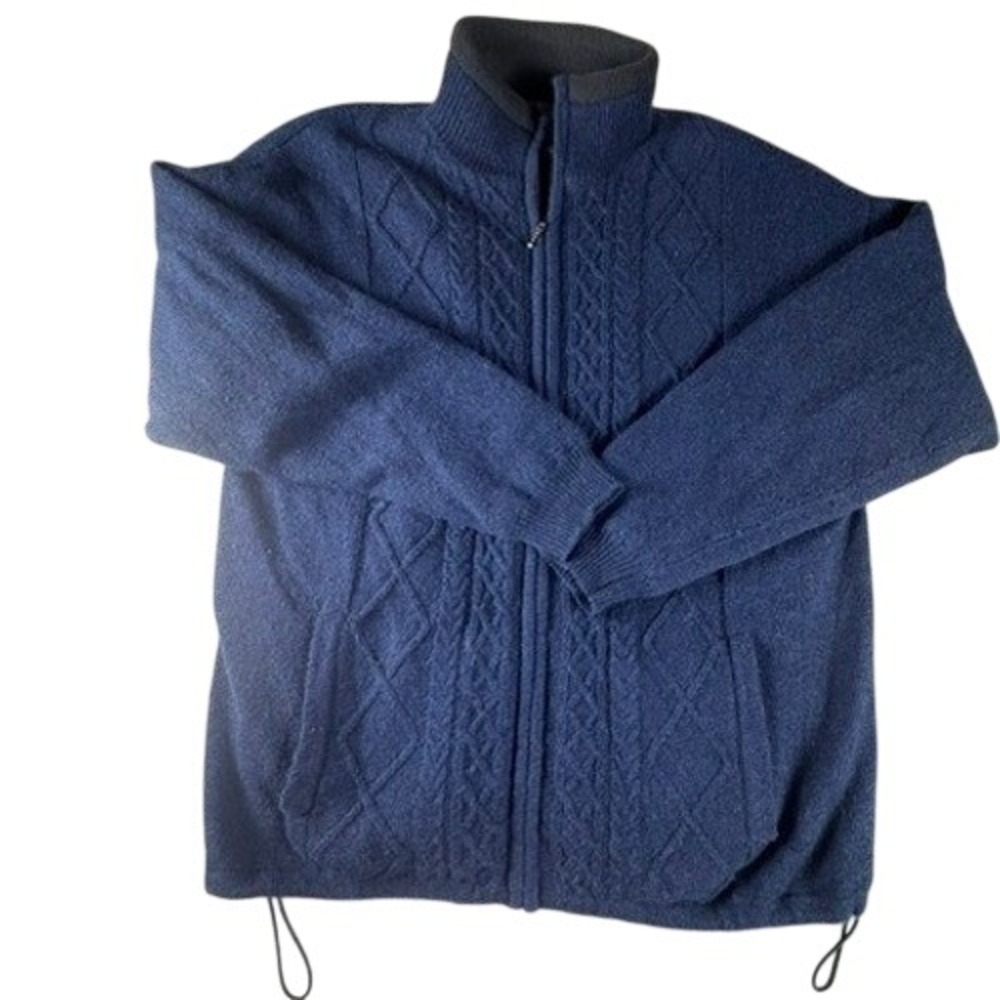 Aran Woollen Mills Sweater Mens XXL Navy Blue Wool Full Zip Cable Knit Fleece